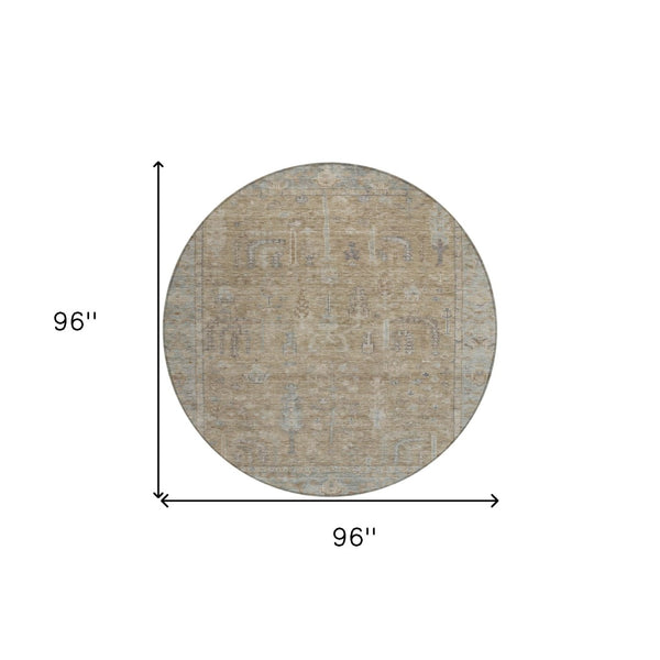 HomeRoots 5' Elegant Tan Gray Brown Oriental Washable Area Rug for Indoor Outdoor Spaces - Durable Style! 8' Round 604721