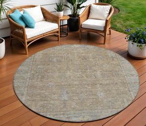 HomeRoots 5' Elegant Tan Gray Brown Oriental Washable Area Rug for Indoor Outdoor Spaces - Durable Style! 8' Round 604721