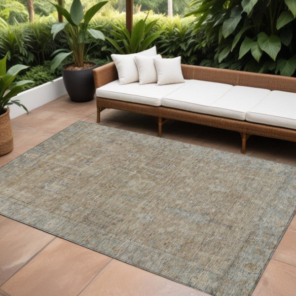 HomeRoots 5' Elegant Tan Gray Brown Oriental Washable Area Rug for Indoor Outdoor Spaces - Durable Style! 10' X 14' 604724