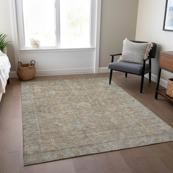 HomeRoots 5' Elegant Tan Gray Brown Oriental Washable Area Rug for Indoor Outdoor Spaces - Durable Style! 10' X 14' 604724
