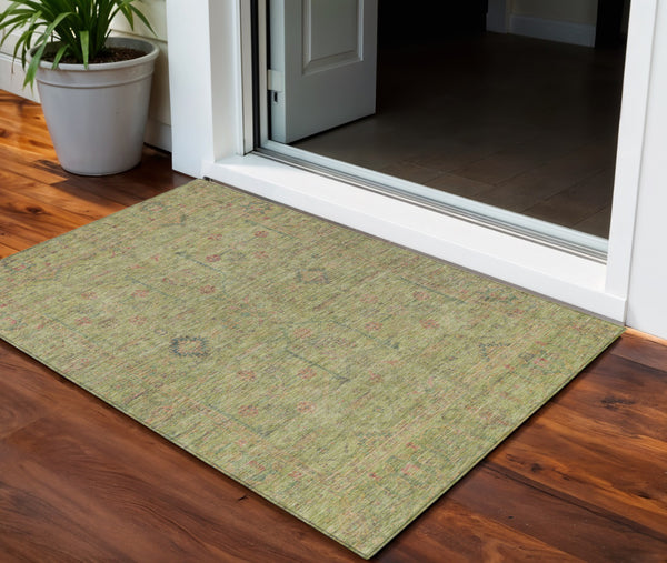Homeroots 3' Stylish Floral Washable Area Rug In Artichoke Green, Pink & Tan For Indoor/Outdoor Spaces 3' X 5' Polyester 604731