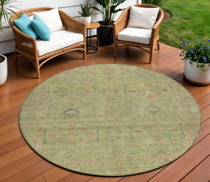 Homeroots 3' Stylish Floral Washable Area Rug In Artichoke Green, Pink & Tan For Indoor/Outdoor Spaces 8' Round Polyester 604733