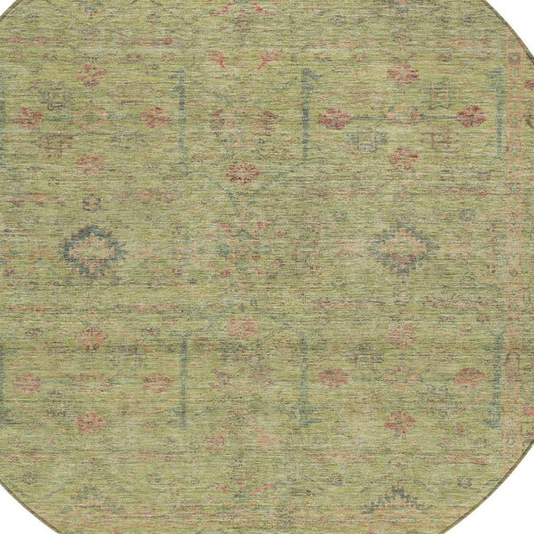 Homeroots 3' Stylish Floral Washable Area Rug In Artichoke Green, Pink & Tan For Indoor/Outdoor Spaces 8' Round Polyester 604733
