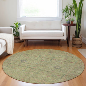 Homeroots 3' Stylish Floral Washable Area Rug In Artichoke Green, Pink & Tan For Indoor/Outdoor Spaces 8' Round Polyester 604733
