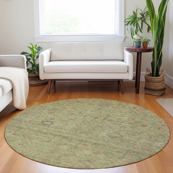 Homeroots 3' Stylish Floral Washable Area Rug In Artichoke Green, Pink & Tan For Indoor/Outdoor Spaces 8' Round Polyester 604733