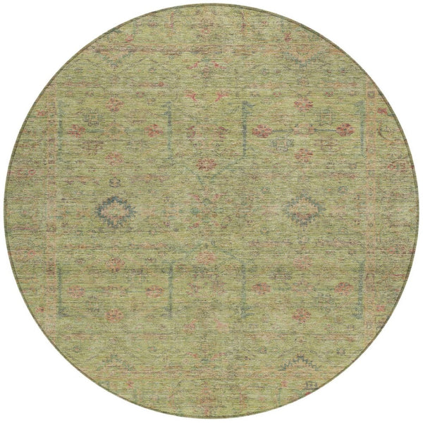 Homeroots 3' Stylish Floral Washable Area Rug In Artichoke Green, Pink & Tan For Indoor/Outdoor Spaces 8' Round Polyester 604733