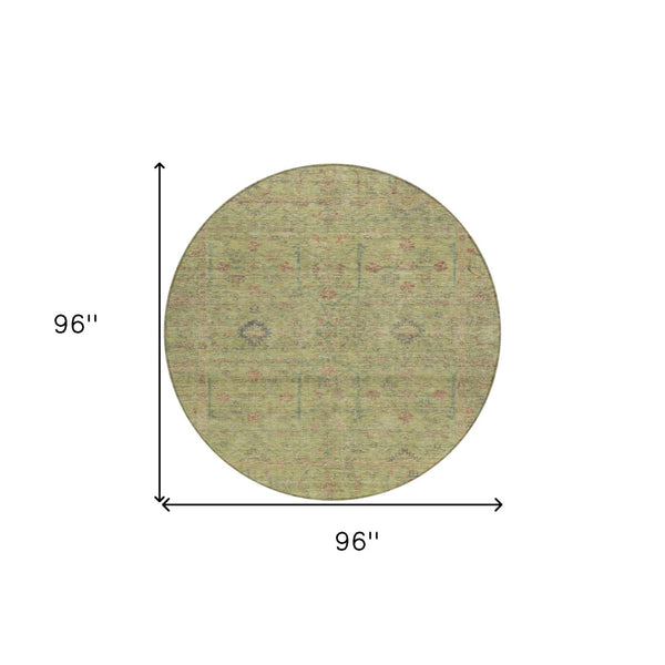 Homeroots 3' Stylish Floral Washable Area Rug In Artichoke Green, Pink & Tan For Indoor/Outdoor Spaces 8' Round Polyester 604733