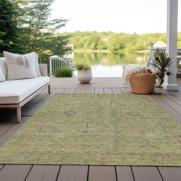 Homeroots 3' Stylish Floral Washable Area Rug In Artichoke Green, Pink & Tan For Indoor/Outdoor Spaces 10' X 14' Polyester 604736