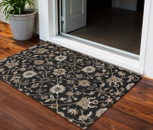 Homeroots 3' Black Brown And Ivory Floral Washable Rug – Perfect For Indoor And Outdoor Spaces, Durable Design 3' X 5' Polyester 604743