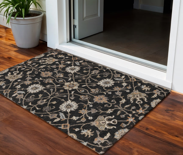 Homeroots 3' Black Brown And Ivory Floral Washable Rug – Perfect For Indoor And Outdoor Spaces, Durable Design 3' X 5' Polyester 604743