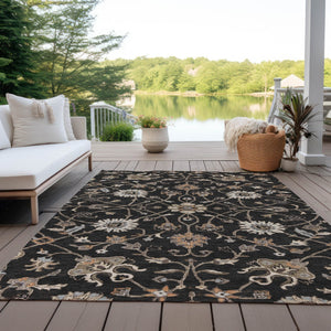 Homeroots 3' Black Brown And Ivory Floral Washable Rug – Perfect For Indoor And Outdoor Spaces, Durable Design 3' X 5' Polyester 604743