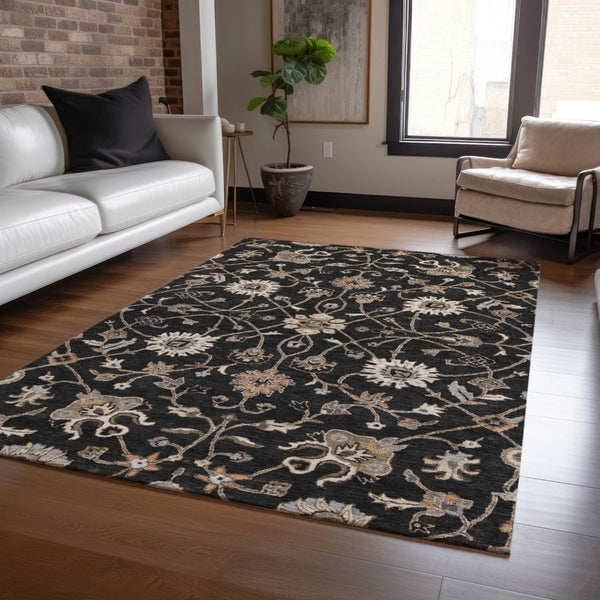 Homeroots 3' Black Brown And Ivory Floral Washable Rug – Perfect For Indoor And Outdoor Spaces, Durable Design 3' X 5' Polyester 604743
