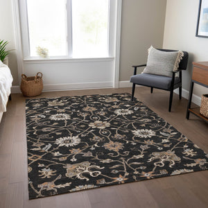 Homeroots 3' Black Brown And Ivory Floral Washable Rug – Perfect For Indoor And Outdoor Spaces, Durable Design 3' X 5' Polyester 604743