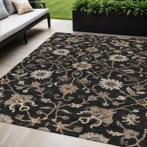 Homeroots 3' Black Brown And Ivory Floral Washable Rug – Perfect For Indoor And Outdoor Spaces, Durable Design 5' X 8' Polyester 604744