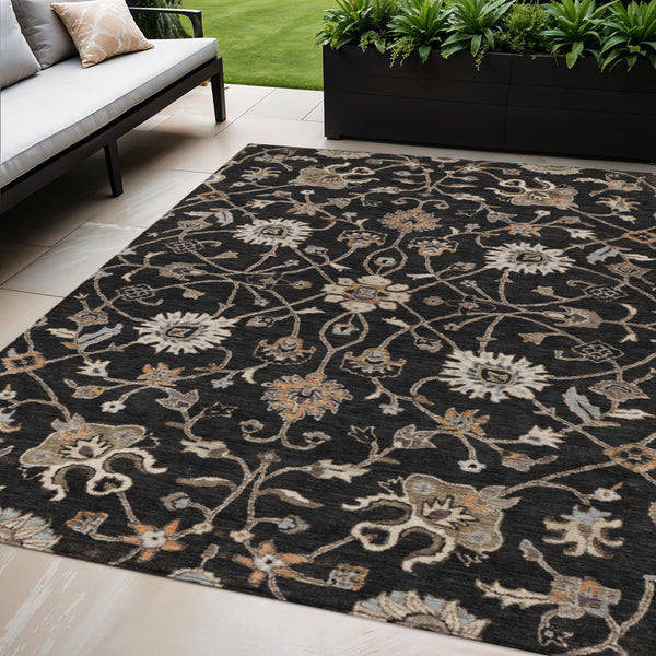 Homeroots 3' Black Brown And Ivory Floral Washable Rug – Perfect For Indoor And Outdoor Spaces, Durable Design 5' X 8' Polyester 604744