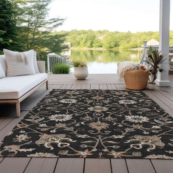 Homeroots 3' Black Brown And Ivory Floral Washable Rug – Perfect For Indoor And Outdoor Spaces, Durable Design 5' X 8' Polyester 604744