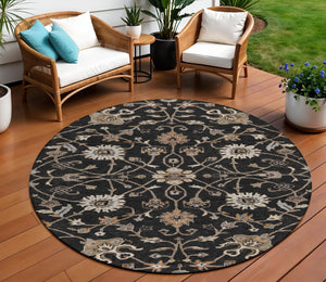 Homeroots 3' Black Brown And Ivory Floral Washable Rug – Perfect For Indoor And Outdoor Spaces, Durable Design 8' Round Polyester 604745