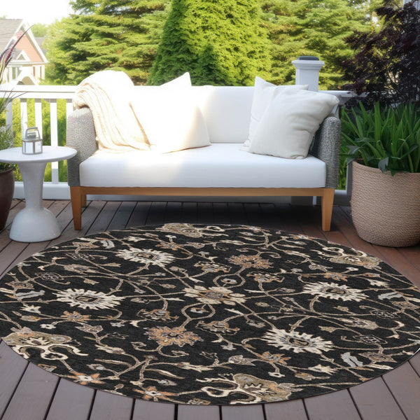 Homeroots 3' Black Brown And Ivory Floral Washable Rug – Perfect For Indoor And Outdoor Spaces, Durable Design 8' Round Polyester 604745