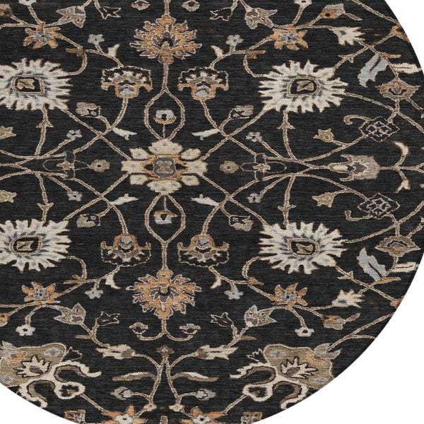 Homeroots 3' Black Brown And Ivory Floral Washable Rug – Perfect For Indoor And Outdoor Spaces, Durable Design 8' Round Polyester 604745
