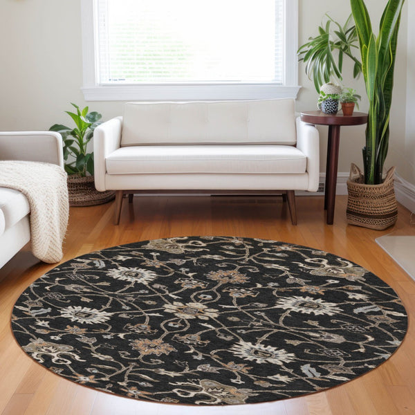 Homeroots 3' Black Brown And Ivory Floral Washable Rug – Perfect For Indoor And Outdoor Spaces, Durable Design 8' Round Polyester 604745