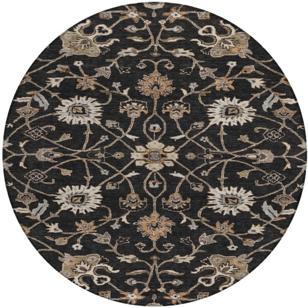 Homeroots 3' Black Brown And Ivory Floral Washable Rug – Perfect For Indoor And Outdoor Spaces, Durable Design 8' Round Polyester 604745