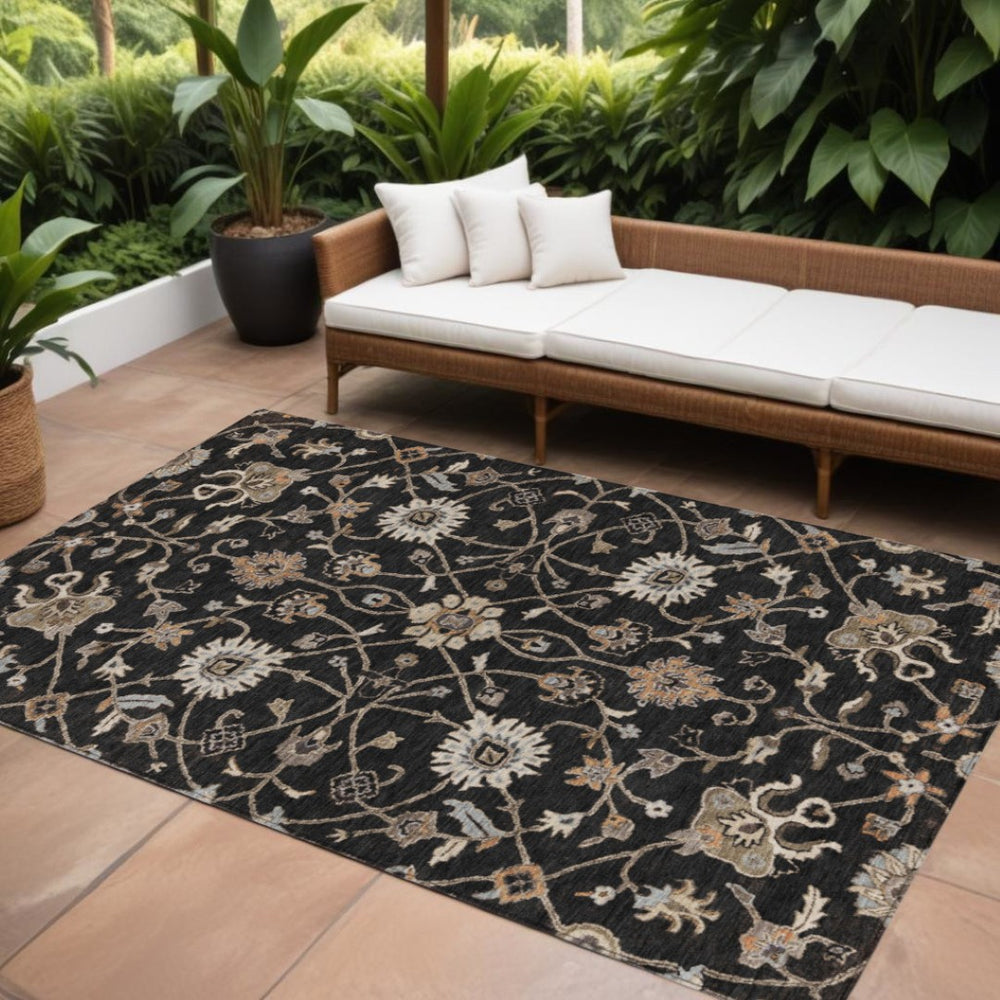 HomeRoots 9' X 12' Washable Floral Area Rug in Black, Brown & Ivory - Durable, Stain-Resistant, Indoor/Outdoor Elegance 604747