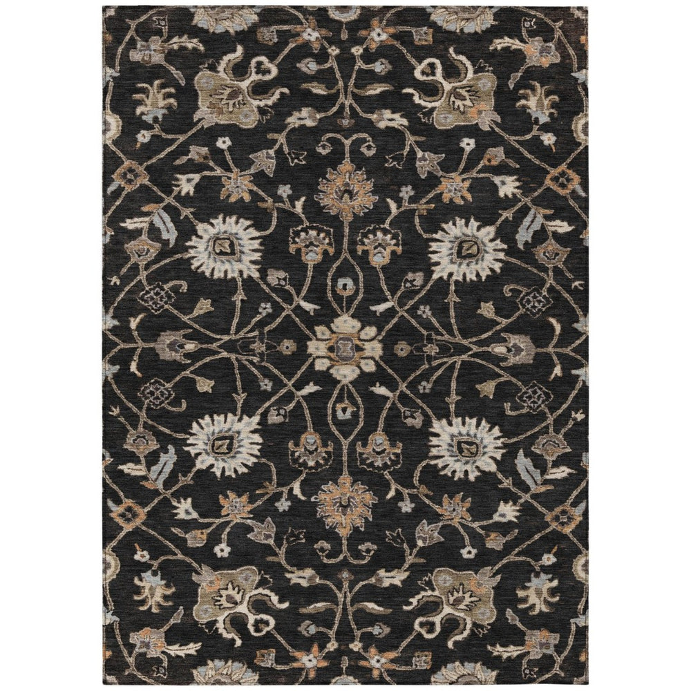 HomeRoots 9' X 12' Washable Floral Area Rug in Black, Brown & Ivory - Durable, Stain-Resistant, Indoor/Outdoor Elegance 604747