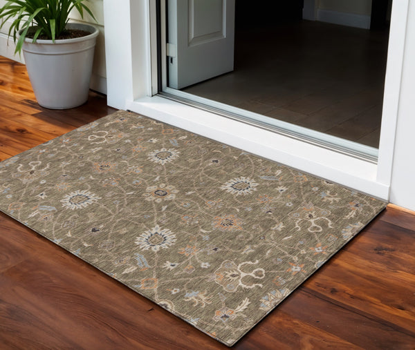 Homeroots 3' Black Brown And Ivory Floral Washable Rug – Perfect For Indoor And Outdoor Spaces, Durable Design 3' X 5' Polyester 604749