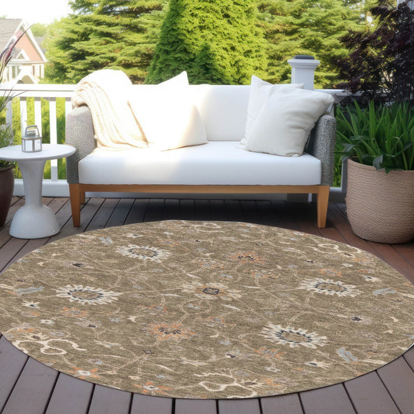Homeroots 3' Black Brown And Ivory Floral Washable Rug – Perfect For Indoor And Outdoor Spaces, Durable Design 8' Round Polyester 604751