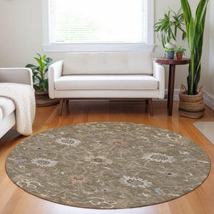 Homeroots 3' Black Brown And Ivory Floral Washable Rug – Perfect For Indoor And Outdoor Spaces, Durable Design 8' Round Polyester 604751