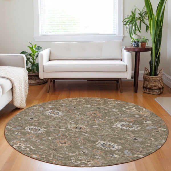 Homeroots 3' Black Brown And Ivory Floral Washable Rug – Perfect For Indoor And Outdoor Spaces, Durable Design 8' Round Polyester 604751