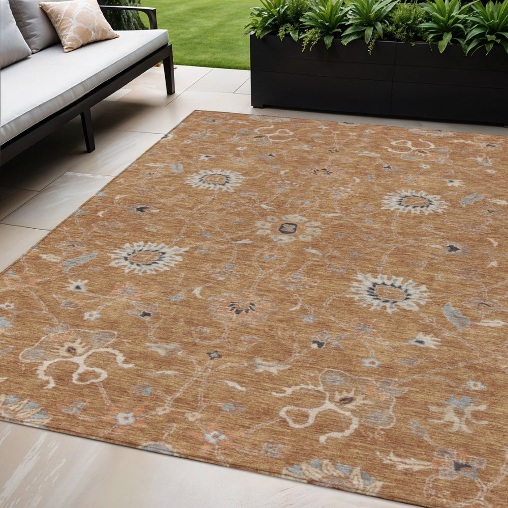 HomeRoots 5' Copper Ivory Black Floral Area Rug - Durable Indoor Outdoor Washable Design for Any Space 5' X 8' 604756
