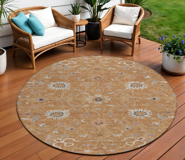 Homeroots 3' Black Brown And Ivory Floral Washable Rug – Perfect For Indoor And Outdoor Spaces, Durable Design 8' Round Polyester 604757