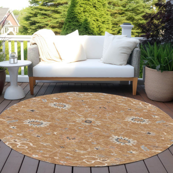 Homeroots 3' Black Brown And Ivory Floral Washable Rug – Perfect For Indoor And Outdoor Spaces, Durable Design 8' Round Polyester 604757