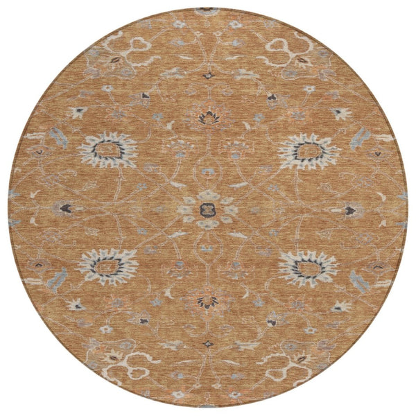 HomeRoots 5' Copper Ivory Black Floral Area Rug - Durable Indoor Outdoor Washable Design for Any Space 8' Round 604757