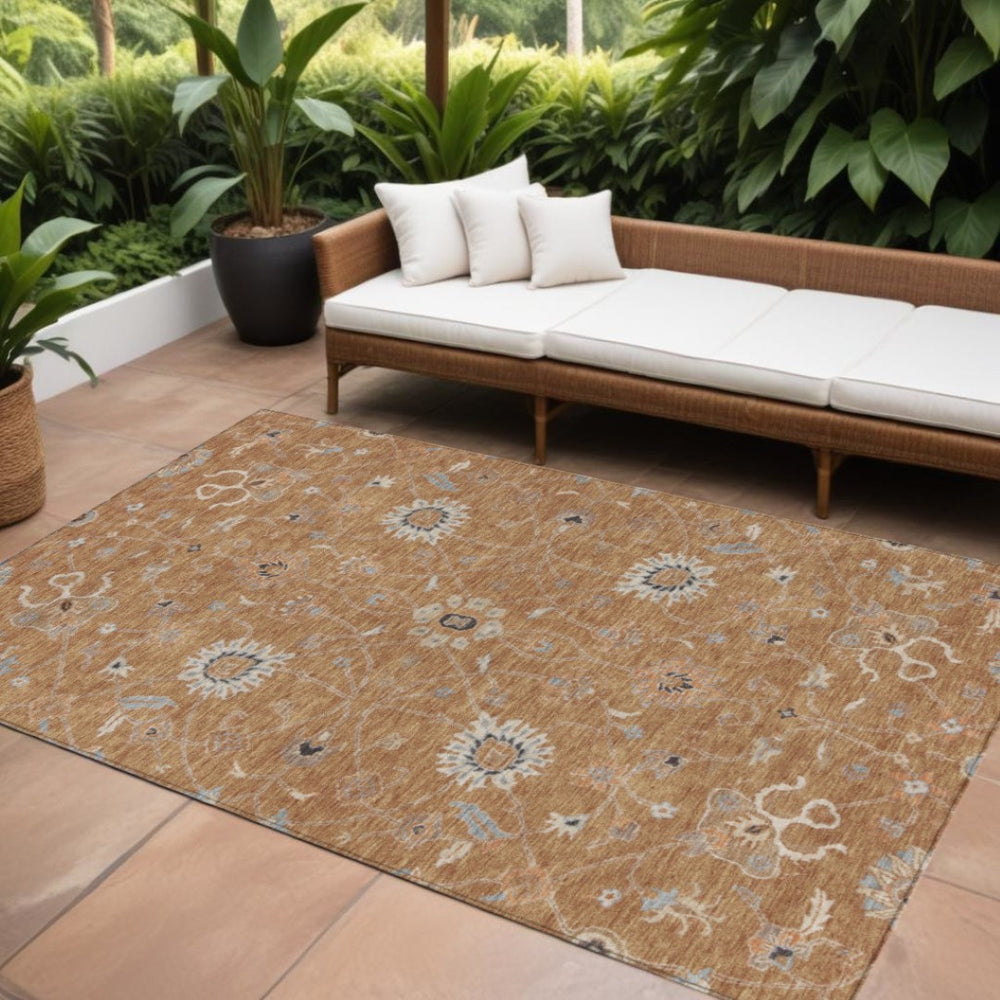 HomeRoots 9' X 12' Elegant Copper Ivory Black Floral Indoor Outdoor Area Rug - Durable, Washable & Versatile! 604759