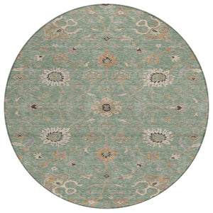 HomeRoots 5' Vibrant Floral Indoor Outdoor Area Rug in Artichoke Green, Ivory, and Coral - Washable Design! 8' Round 604763