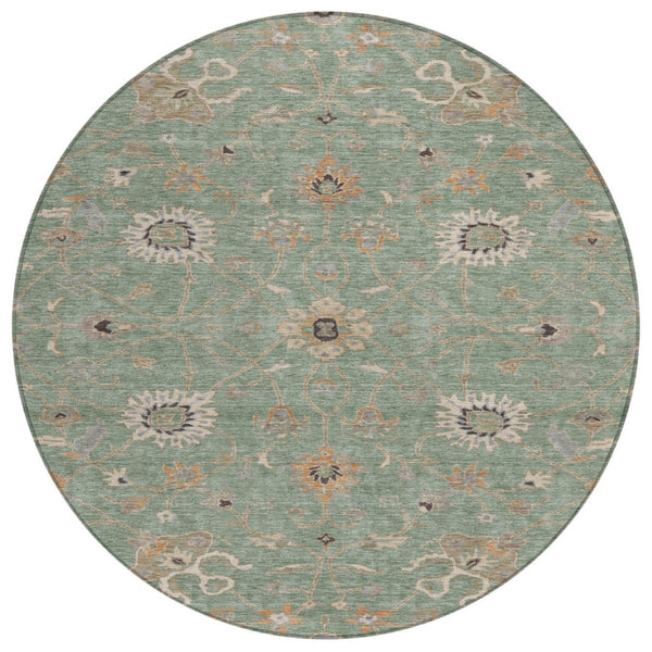 HomeRoots 5' Vibrant Floral Indoor Outdoor Area Rug in Artichoke Green, Ivory, and Coral - Washable Design! 8' Round 604763