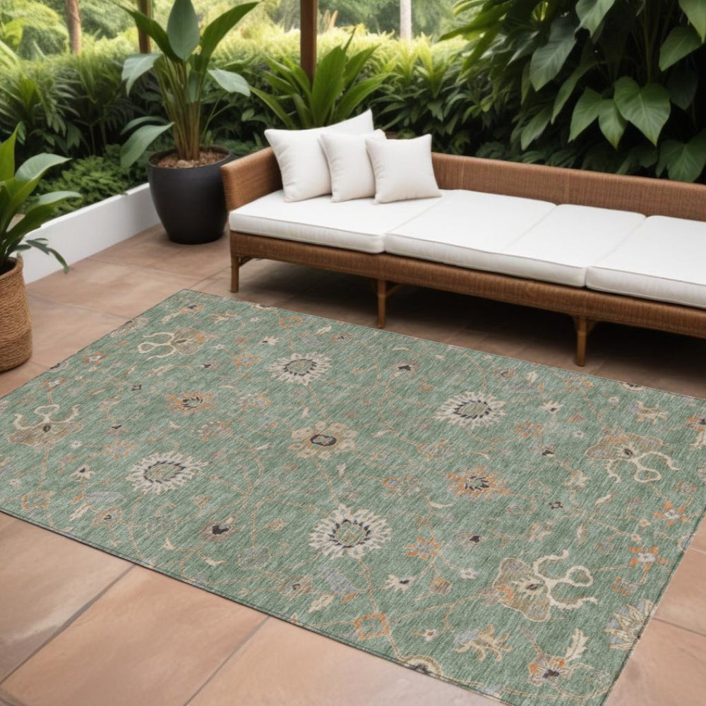 HomeRoots 9' Elegant Artichoke Green Floral Area Rug – Indoor/Outdoor Washable, Durable & Stylish Home Decor 604765