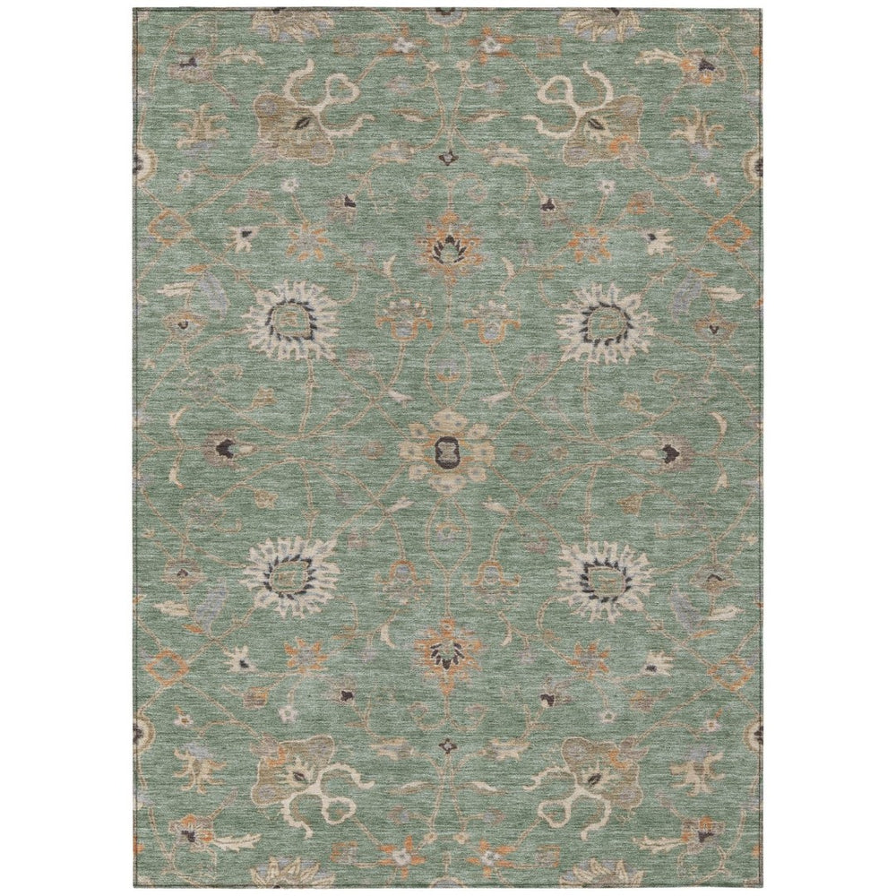 HomeRoots 5' Vibrant Floral Indoor Outdoor Area Rug in Artichoke Green, Ivory, and Coral - Washable Design! 10' X 14' 604766