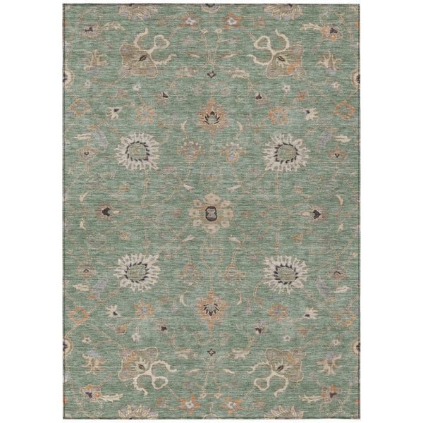 HomeRoots 5' Vibrant Floral Indoor Outdoor Area Rug in Artichoke Green, Ivory, and Coral - Washable Design! 10' X 14' 604766