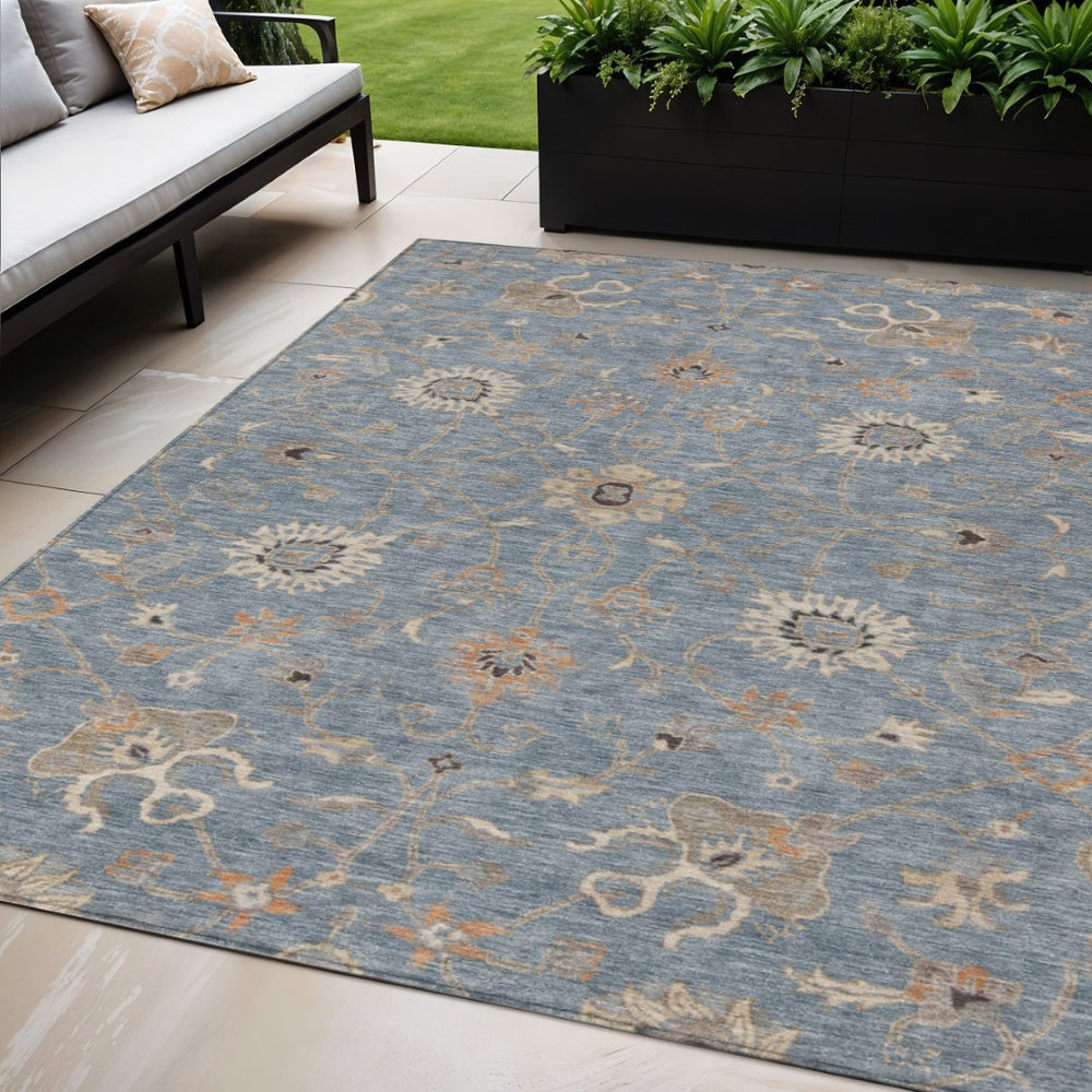 HomeRoots 5' Floral Washable Area Rug in Denim Blue, Ivory & Coral for Stylish Indoor/Outdoor Spaces 5' X 8' 604768