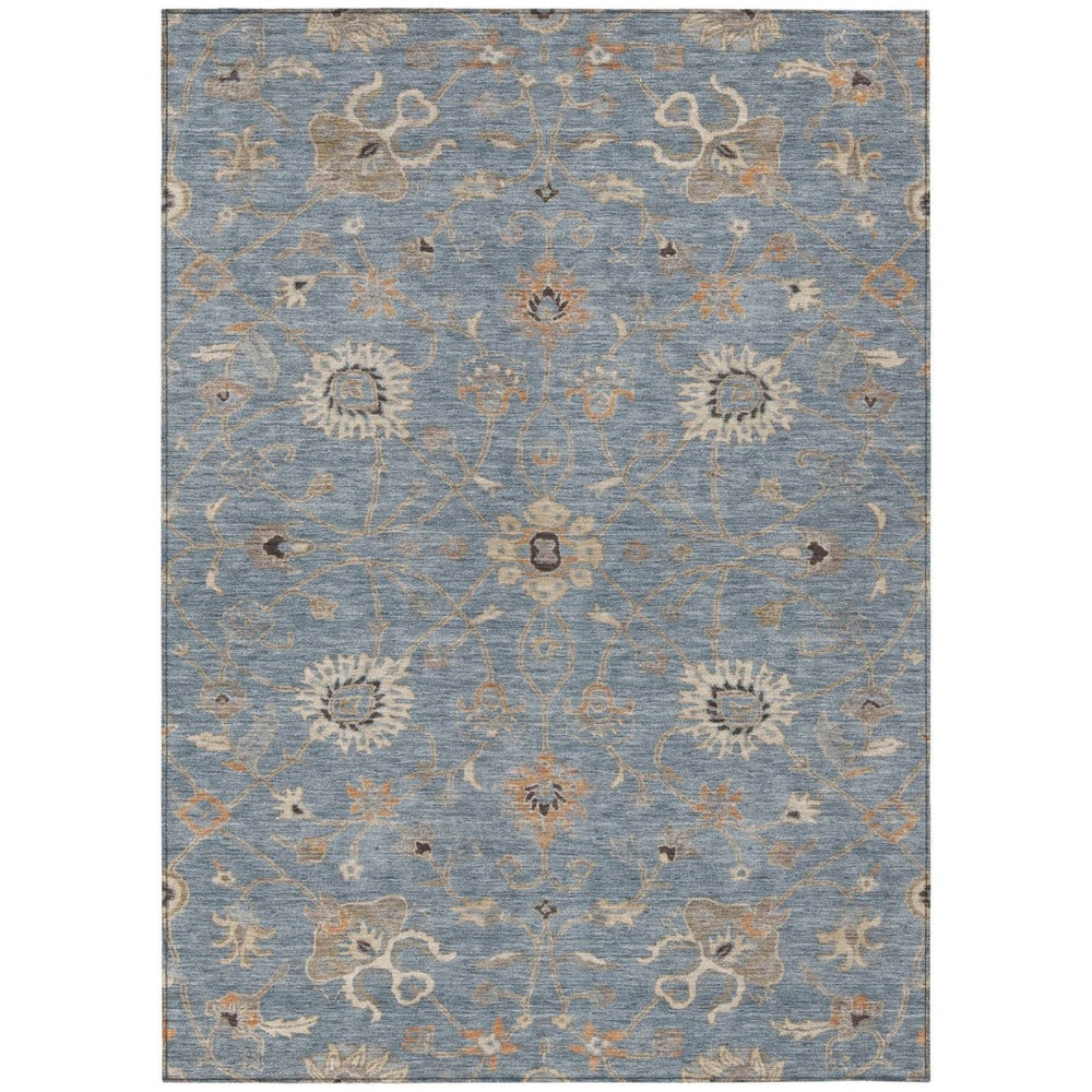 HomeRoots 5' Floral Washable Area Rug in Denim Blue, Ivory & Coral for Stylish Indoor/Outdoor Spaces 5' X 8' 604768