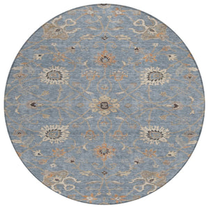 HomeRoots 5' Floral Washable Area Rug in Denim Blue, Ivory & Coral for Stylish Indoor/Outdoor Spaces 8' Round 604769