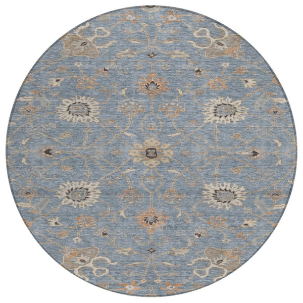 HomeRoots 5' Floral Washable Area Rug in Denim Blue, Ivory & Coral for Stylish Indoor/Outdoor Spaces 8' Round 604769