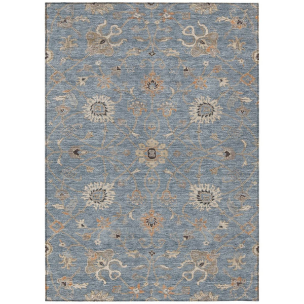 HomeRoots 5' Floral Washable Area Rug in Denim Blue, Ivory & Coral for Stylish Indoor/Outdoor Spaces 8' X 10' 604770