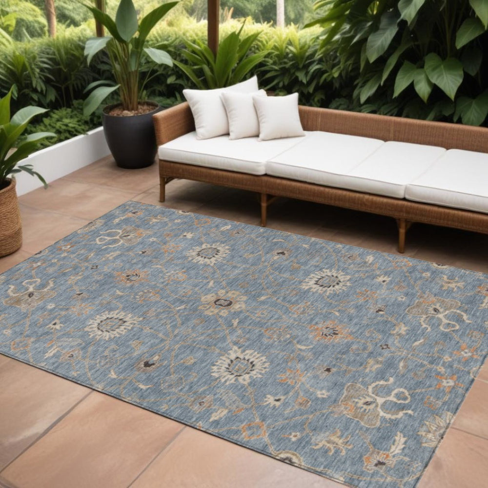 HomeRoots 9' X 12' Denim Blue Floral Area Rug - Stylish Indoor/Outdoor Durable Design, Easy Care & Washable! 604771