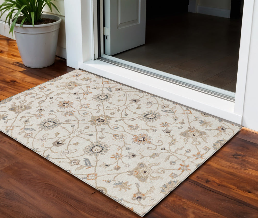 Homeroots 3' Black Brown And Ivory Floral Washable Rug – Perfect For Indoor And Outdoor Spaces, Durable Design 3' X 5' Polyester 604779
