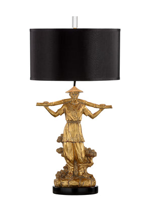 Wildwood Mr. Wynn Sculptural Table Lamp With Antique Gold Leaf Finish, Black Marble Base & Silkette Shade 60478