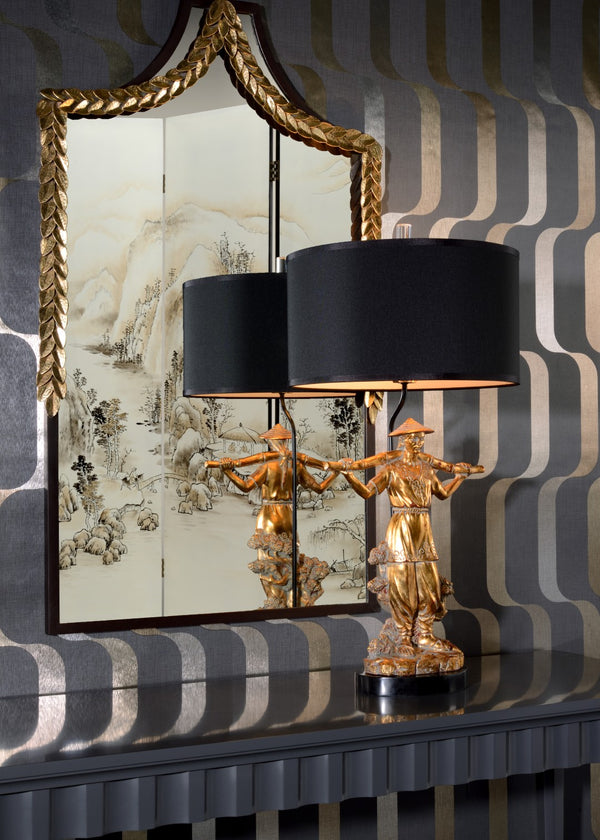 Wildwood Mr. Wynn Sculptural Table Lamp With Antique Gold Leaf Finish, Black Marble Base & Silkette Shade 60478